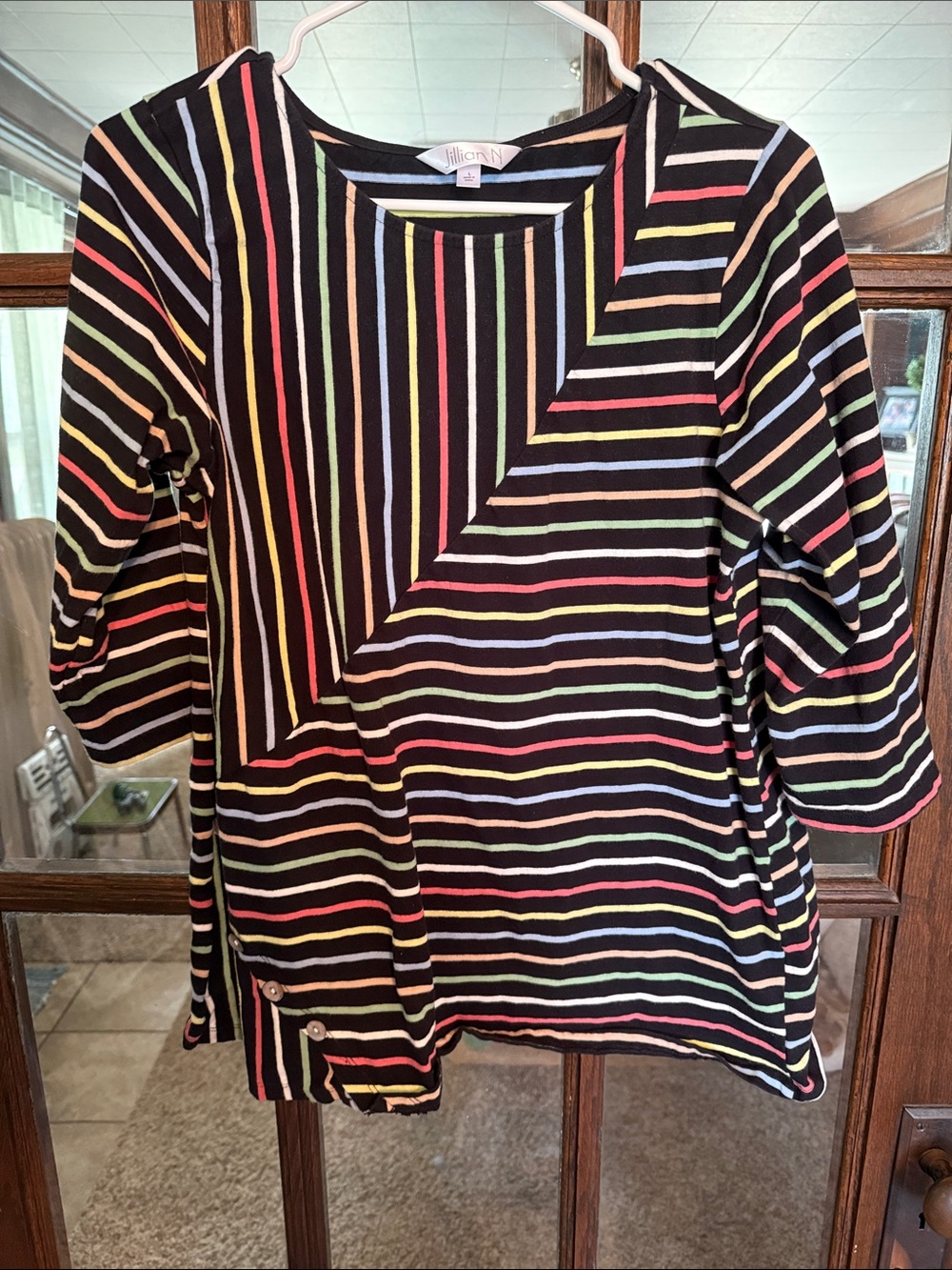 Jillian N Womens Multi Color Striped 100% Cotton 3/4 Sleeve Side Button Top L